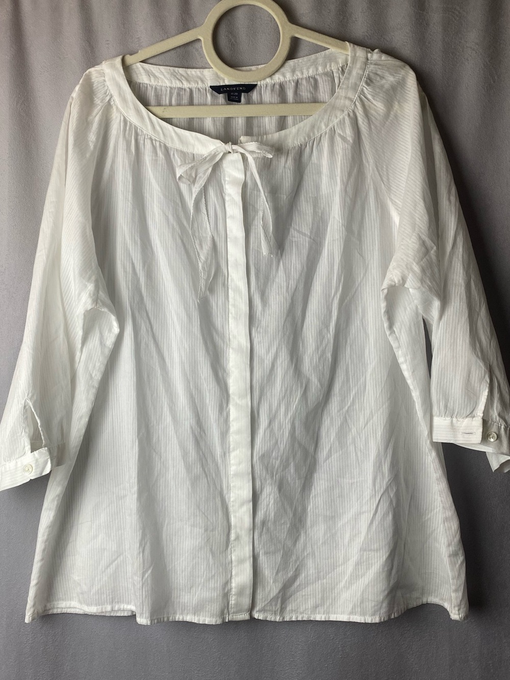Lands' End White Striped Boho Peasant Blouse Tie-Neck Coastal 18/20